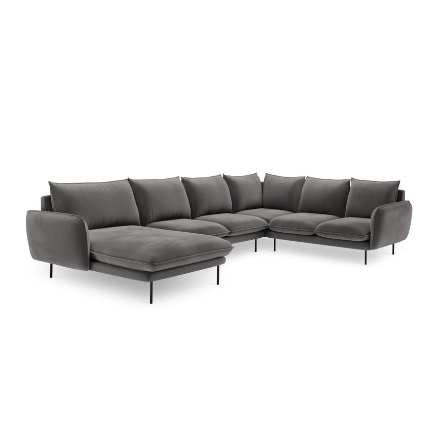 Vienna 7-Sitzer Panorama Ecksofa, Rechte Seite, aus Samt in Hellgrau (Bluvel 13), Beine aus Schwarzes Metall, 330x235x95 cm von Cosmopolitan Design – Bild 4