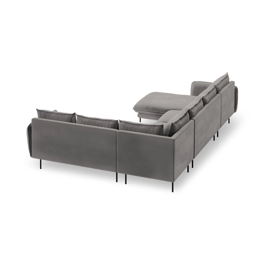 Vienna 7-Sitzer Panorama Ecksofa, Rechte Seite, aus Samt in Hellgrau (Bluvel 13), Beine aus Schwarzes Metall, 330x235x95 cm von Cosmopolitan Design – Bild 5