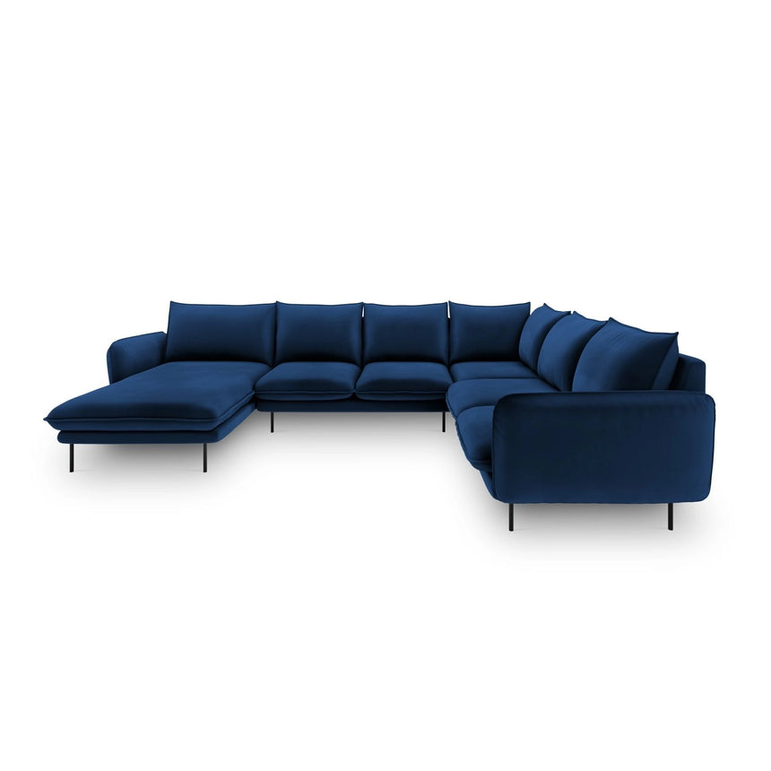 Vienna 7-Sitzer Panorama Ecksofa, Rechte Seite, aus Samt in Königsblau (Bluvel 86), Beine aus Schwarzes Metall, 330x235x95 cm von Cosmopolitan Design – Bild 3