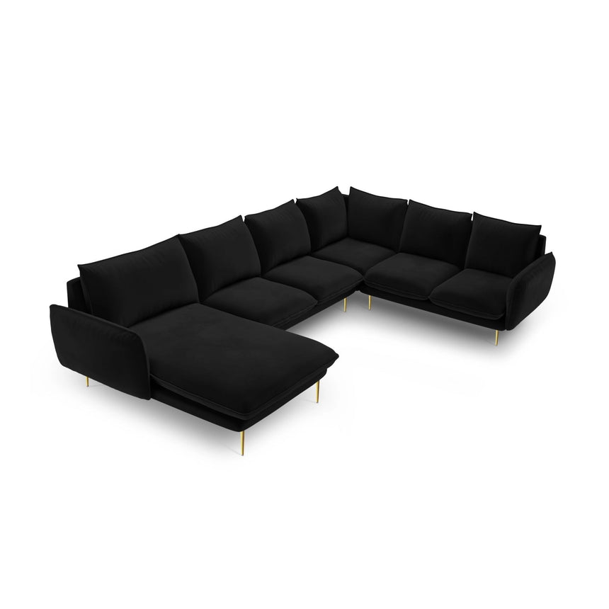 Vienna 7-Sitzer Panorama Ecksofa, Rechte Seite, aus Samt in Schwarz (Bluvel 19), Beine aus Goldmetall, 330x235x95 cm von Cosmopolitan Design – Bild 1