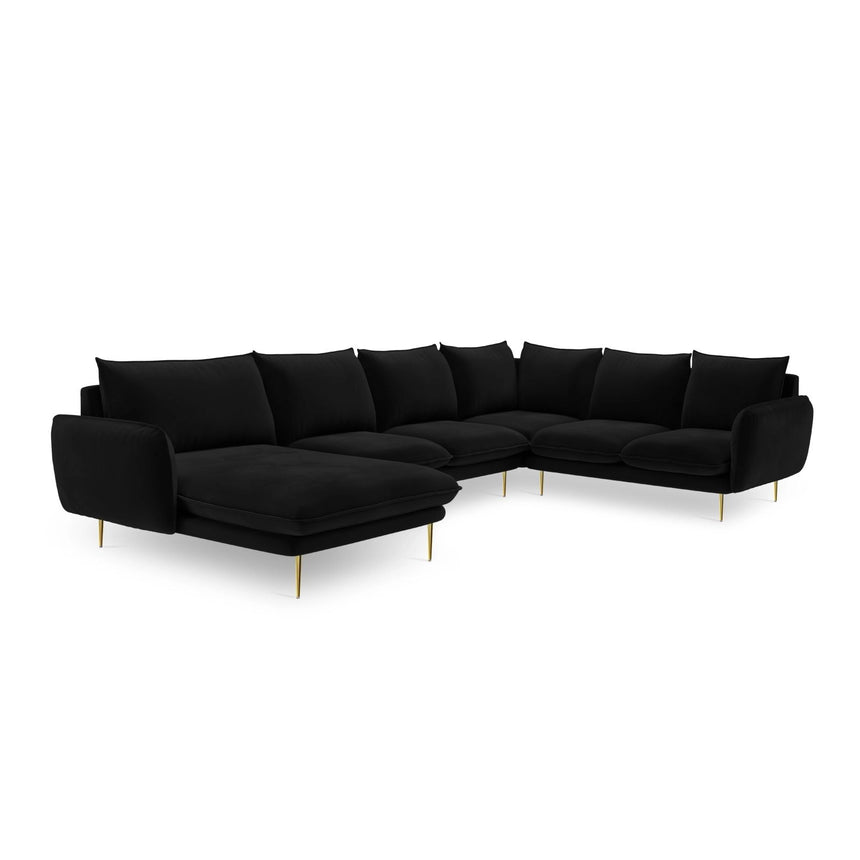 Vienna 7-Sitzer Panorama Ecksofa, Rechte Seite, aus Samt in Schwarz (Bluvel 19), Beine aus Goldmetall, 330x235x95 cm von Cosmopolitan Design – Bild 4