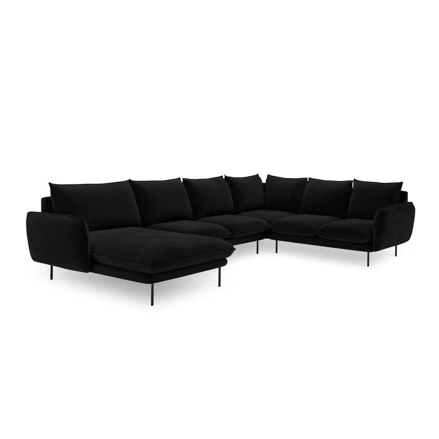 Vienna 7-Sitzer Panorama Ecksofa, Rechte Seite, aus Samt in Schwarz (Bluvel 19), Beine aus Schwarzes Metall, 330x235x95 cm von Cosmopolitan Design – Bild 4