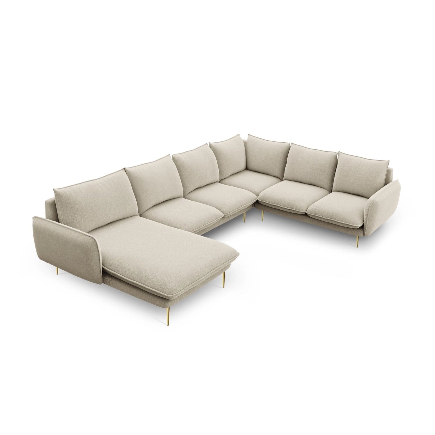 Vienna 7-Sitzer Panorama Ecksofa, Rechte Seite, aus Strukturierter Stoff in Beige (Positano 8), Beine aus Goldmetall, 330x235x95 cm von Cosmopolitan Design – Bild 1