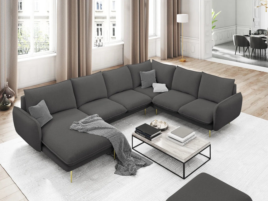 Vienna 7-Sitzer Panorama Ecksofa, Rechte Seite, aus Strukturierter Stoff in Dunkelgrau (Positano 95), Beine aus Goldmetall, 330x235x95 cm von Cosmopolitan Design – Bild 2
