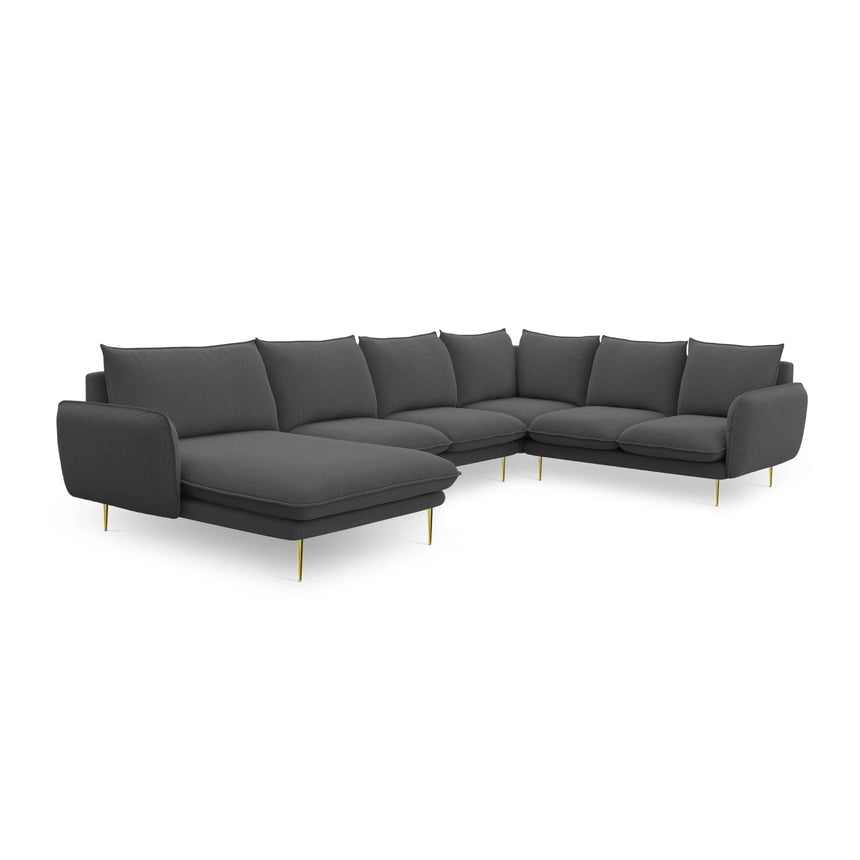 Vienna 7-Sitzer Panorama Ecksofa, Rechte Seite, aus Strukturierter Stoff in Dunkelgrau (Positano 95), Beine aus Goldmetall, 330x235x95 cm von Cosmopolitan Design – Bild 5