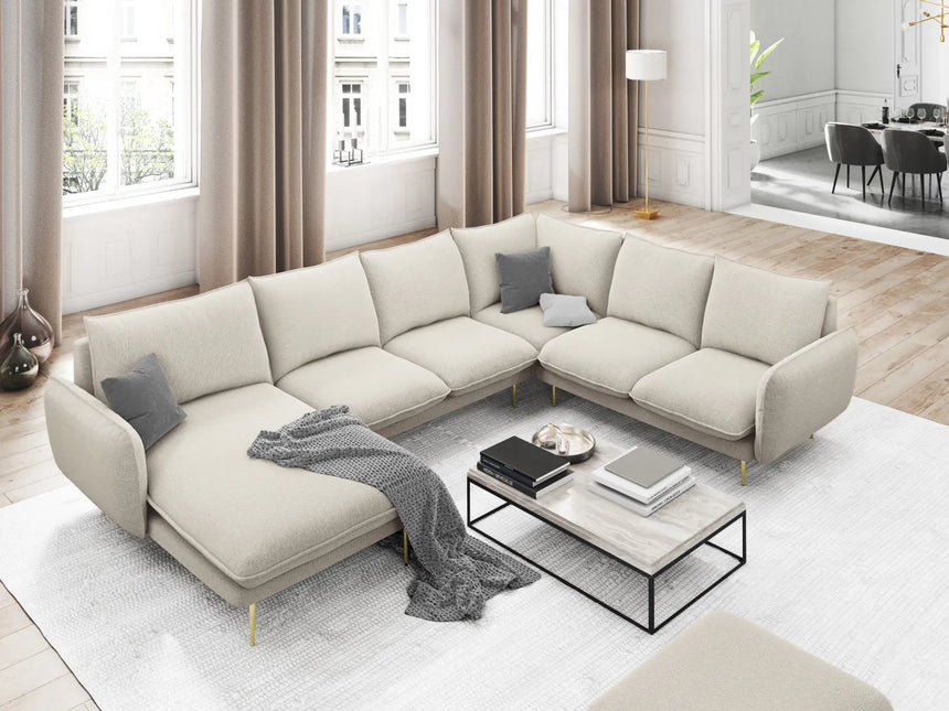 Vienna 7-Sitzer Panorama Ecksofa, Rechte Seite, aus Strukturierter Stoff in Hellbeige (Positano 02), Beine aus Goldmetall, 330x235x95 cm von Cosmopolitan Design – Bild 2