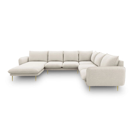 Vienna 7-Sitzer Panorama Ecksofa, Rechte Seite, aus Strukturierter Stoff in Hellbeige (Positano 02), Beine aus Goldmetall, 330x235x95 cm von Cosmopolitan Design – Bild 4