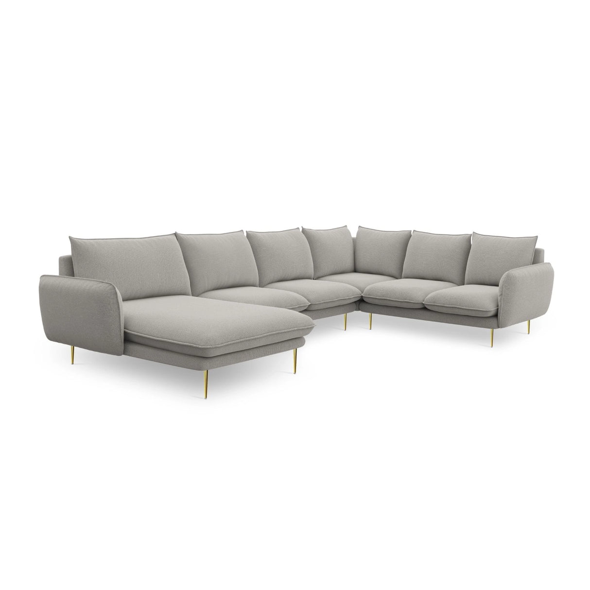 Vienna 7-Sitzer Panorama Ecksofa, Rechte Seite, aus Strukturierter Stoff in Hellgrau (Asgard 27/ Positano 83), Beine aus Goldmetall, 330x235x95 cm von Cosmopolitan Design – Bild 5