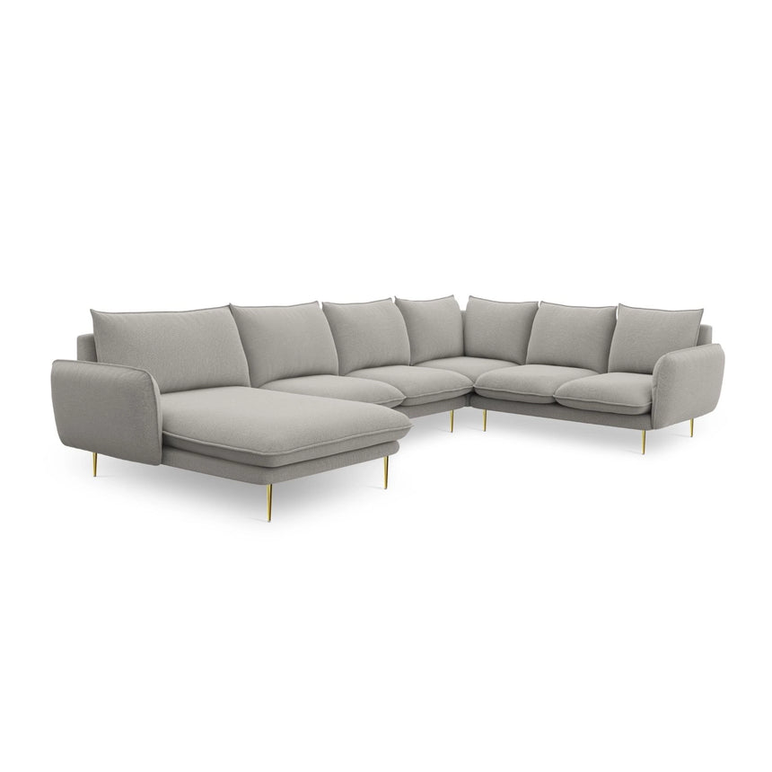 Vienna 7-Sitzer Panorama Ecksofa, Rechte Seite, aus Strukturierter Stoff in Hellgrau (Asgard 27/ Positano 83), Beine aus Goldmetall, 330x235x95 cm von Cosmopolitan Design – Bild 5