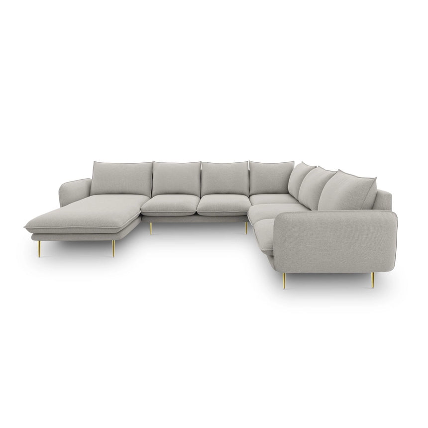 Vienna 7-Sitzer Panorama Ecksofa, Rechte Seite, aus Strukturierter Stoff in Hellgrau (Asgard 27/ Positano 83), Beine aus Goldmetall, 330x235x95 cm von Cosmopolitan Design – Bild 4