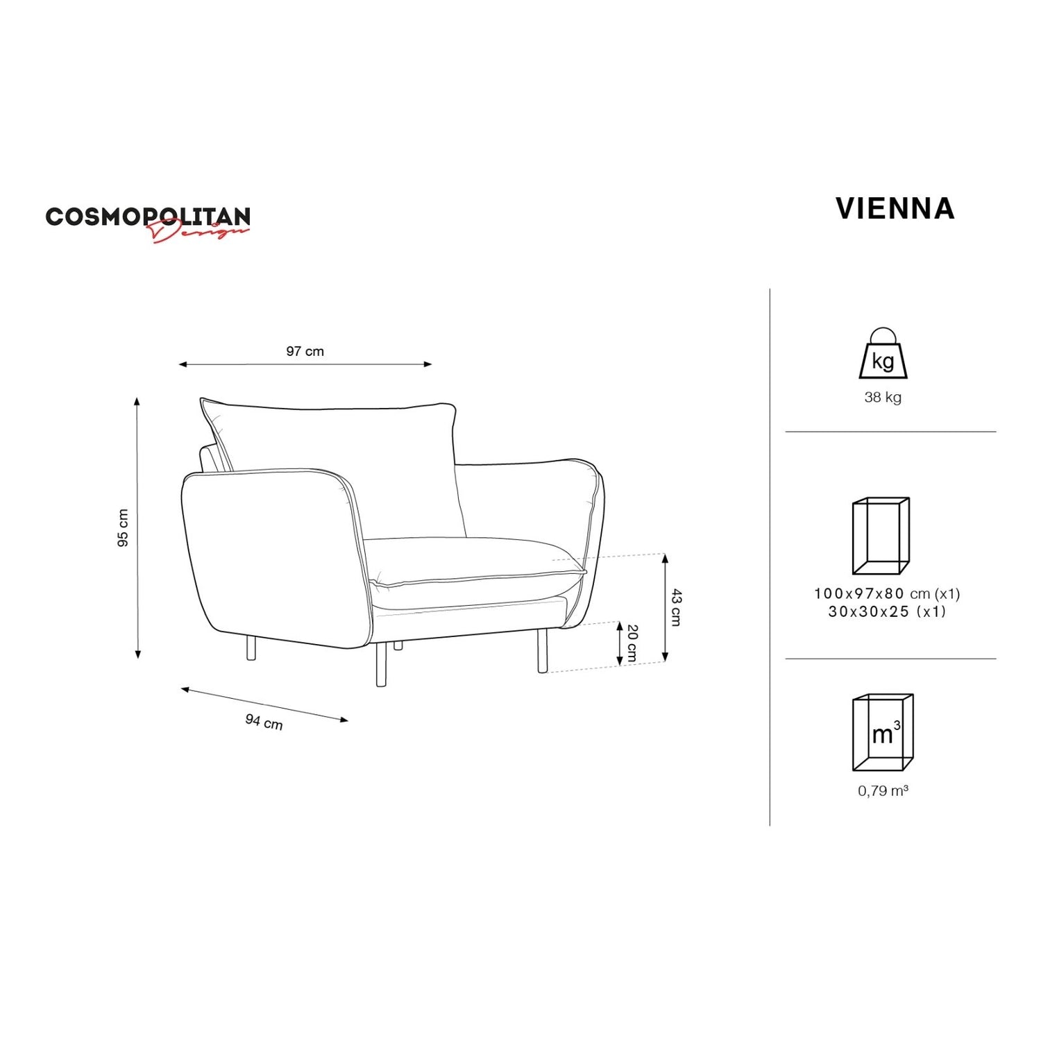 Vienna Sessel aus Samt in Dunkelgrau (Bluvel 18), 97x94x95 cm von Cosmopolitan Design – Bild 3
