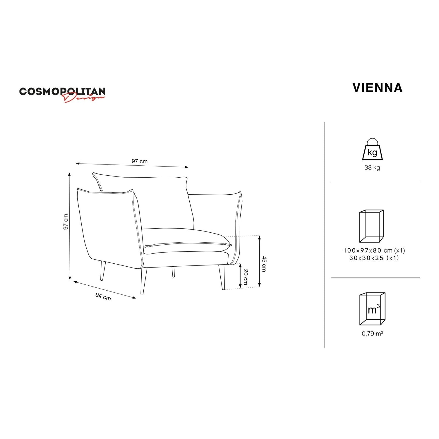 Vienna Sessel aus Strukturierter Stoff in Dunkelgrau (Positano 95), 97x94x95 cm von Cosmopolitan Design – Bild 3