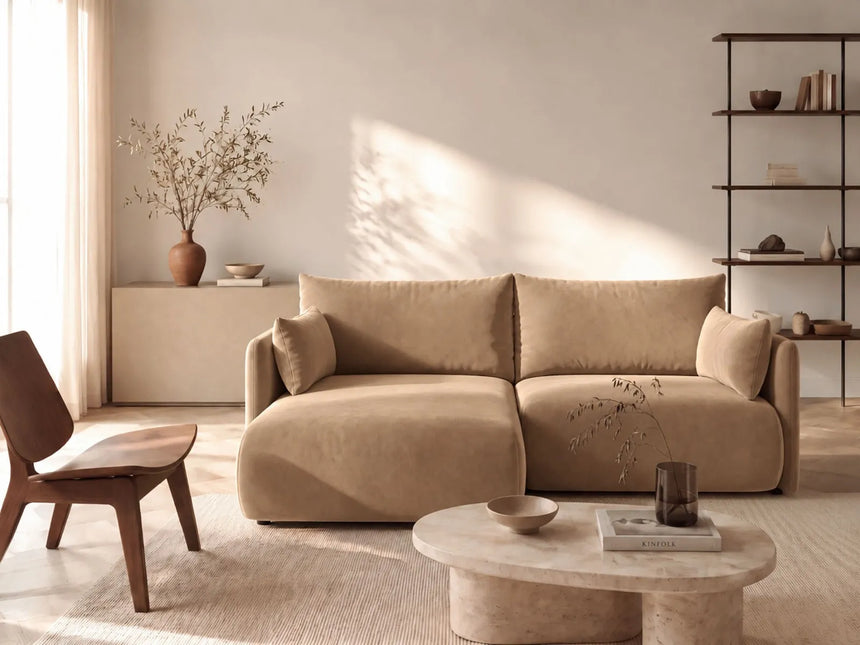 Orta 3-Sitzer Ecksofa links mit Schlaffunktion, ausklappbar, aus Samt in Beige (Bluvel 28), 215x151 cm von Ferrani Interiors – Bild 2