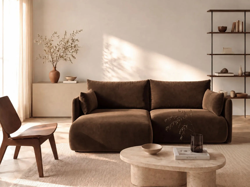 Orta 3-Sitzer Ecksofa links mit Schlaffunktion, ausklappbar, aus Samt in Dunkelbraun (Bluvel 48), 215x151 cm von Ferrani Interiors – Bild 2