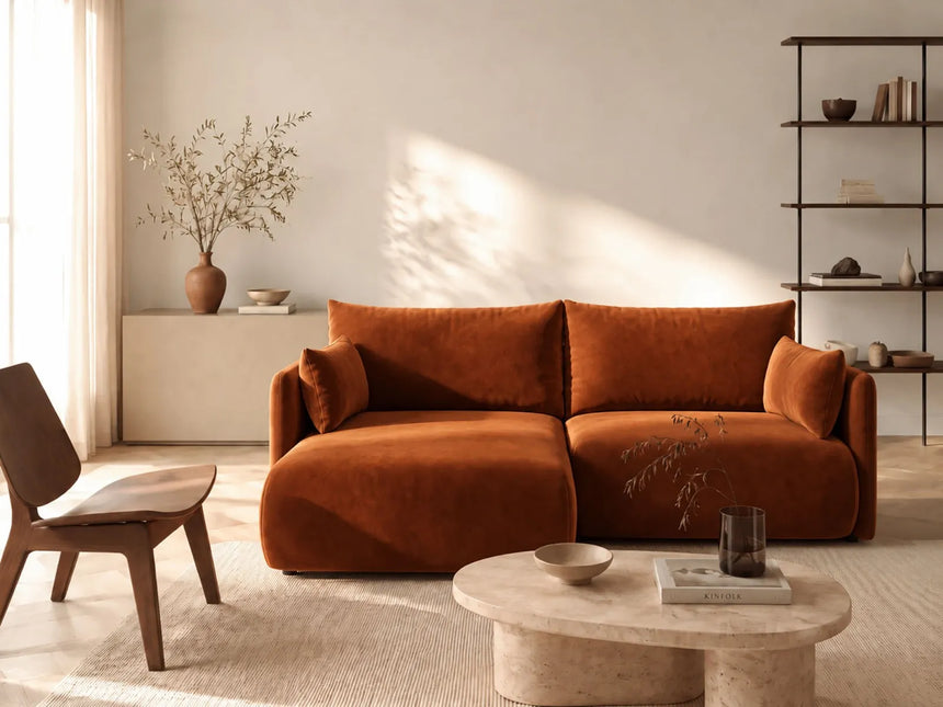 Orta 3-Sitzer Ecksofa links mit Schlaffunktion, ausklappbar, aus Samt in Terrakotta (Bluvel 4215), 215x151 cm von Ferrani Interiors – Bild 2