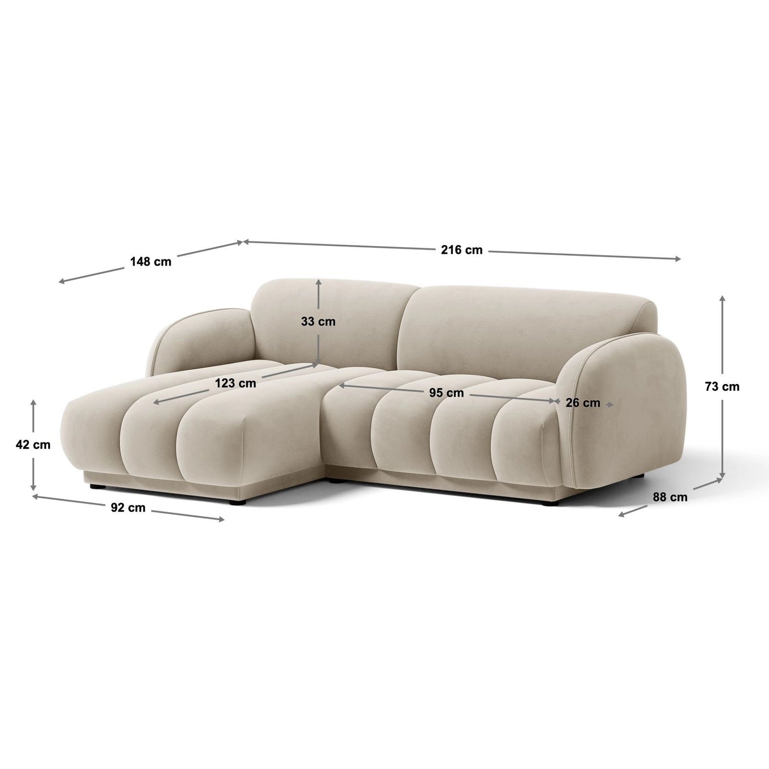 Treviso 3-Sitzer Ecksofa rechts aus Samt in Mandelbeige (Casino Lion), 216x148 cm von Ferrani Interiors – Bild 2
