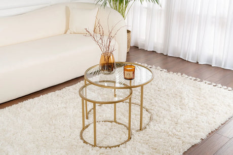 2er-Set Couchtisch Aurum aus Sicherheitsglas und Metall in Gold und Transparent 60Ø von Hanah Home – Bild 1