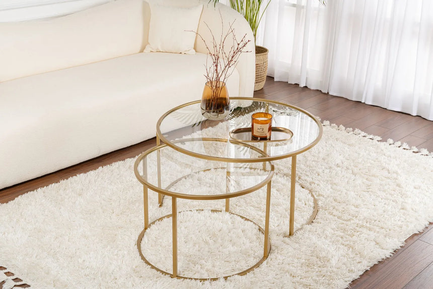 2er-Set Couchtisch Aurum aus gehärtetem Glas und Metall in Gold und Transparent 80Ø von Hanah Home – Bild 1