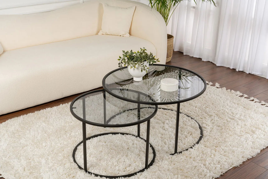 2er-Set Couchtisch Aurum aus gehärtetem Glas und Metall in Schwarz und Grau 80Ø von Hanah Home – Bild 1