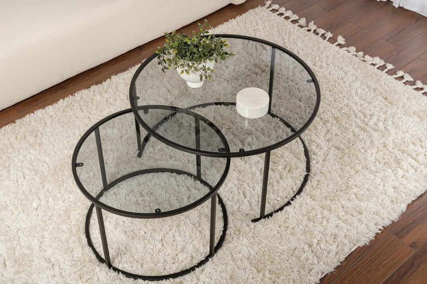 2er-Set Couchtisch Aurum aus gehärtetem Glas und Metall in Schwarz und Grau 80Ø von Hanah Home – Bild 4