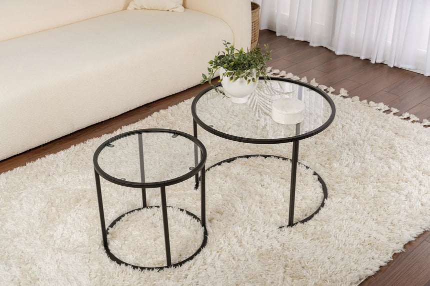 2er-Set Couchtisch Aurum aus gehärtetem Glas und Metall in Schwarz und Transparent 60Ø von Hanah Home – Bild 3