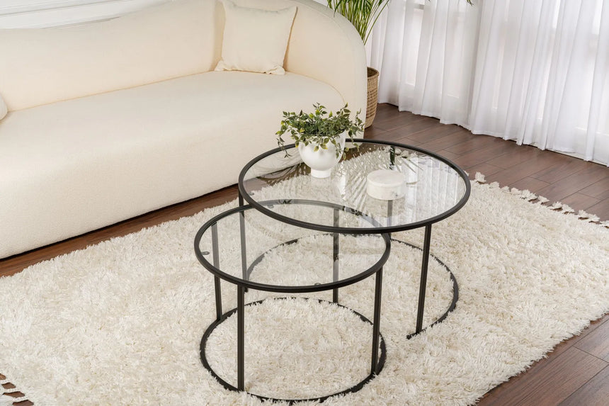 2er-Set Couchtisch Aurum aus gehärtetem Glas und Metall in Schwarz und Transparent 80Ø von Hanah Home – Bild 1