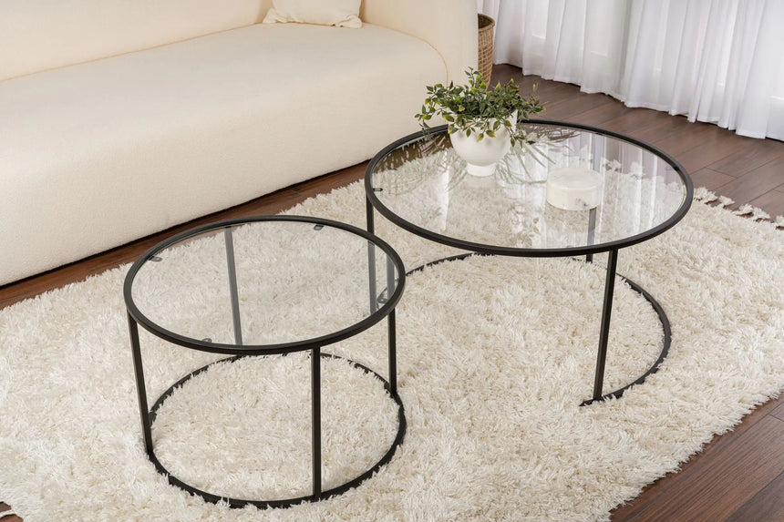 2er-Set Couchtisch Aurum aus gehärtetem Glas und Metall in Schwarz und Transparent 80Ø von Hanah Home – Bild 3