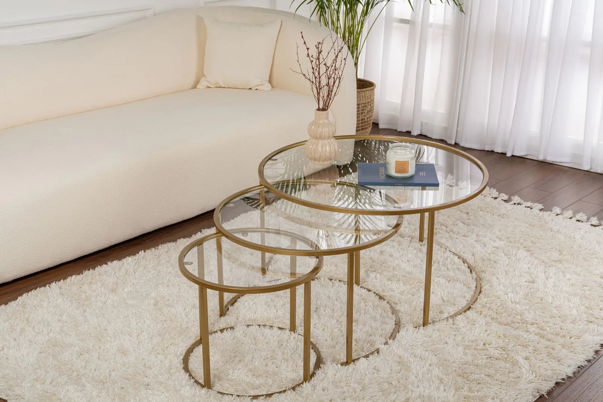3er-Set Couchtisch Aurum aus gehärtetem Glas und Metall 80Ø von Hanah Home – Bild 1