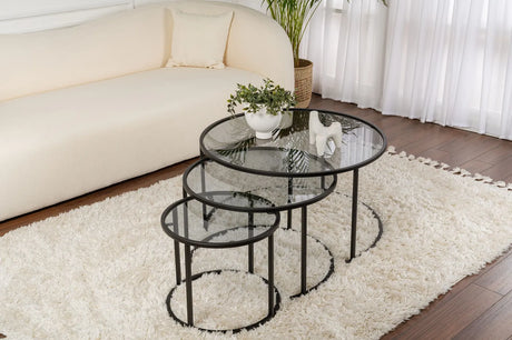 3er-Set Couchtisch Aurum aus gehärtetem Glas und Metall in Schwarz und Grau 80Ø von Hanah Home – Bild 1