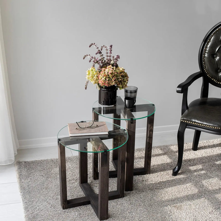 Beistelltisch Amalfi aus gehärtetem Glas und massivem Kiefernholz, 50×40×40 cm von Hanah Home – Bild 2