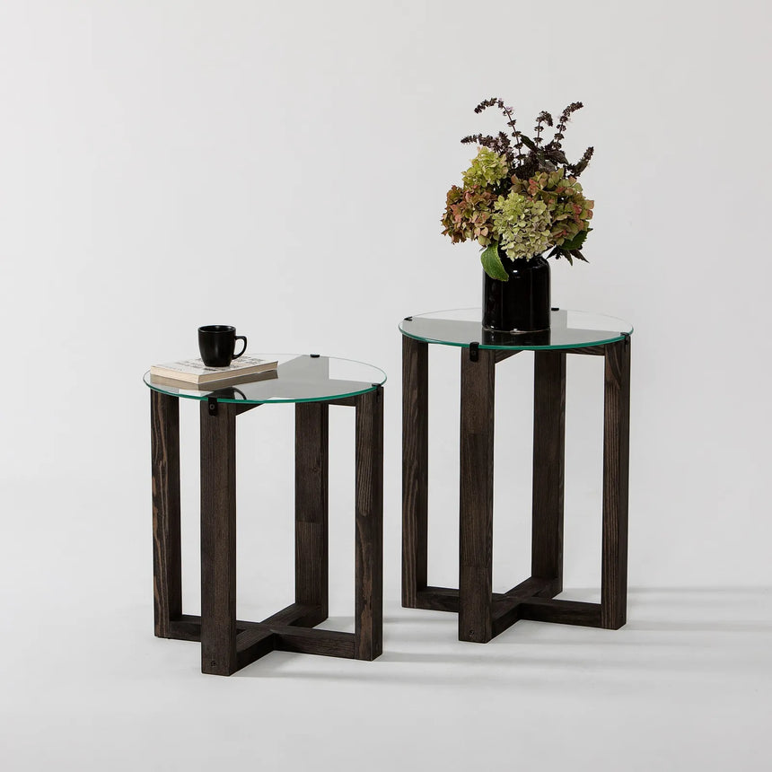 Beistelltisch Amalfi aus gehärtetem Glas und massivem Kiefernholz, 50×40×40 cm von Hanah Home – Bild 4
