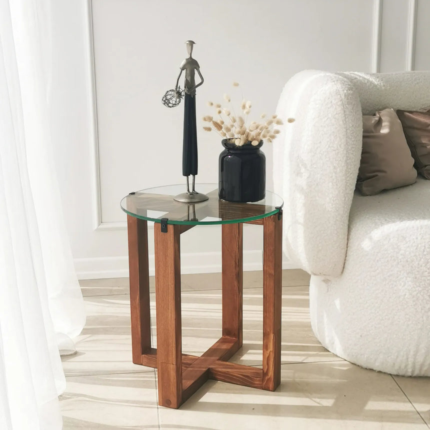 Beistelltisch Amalfi aus massivem Kiefernholz und gehärtetem Glas in Walnuss, 50×40×40 cm von Hanah Home – Bild 4