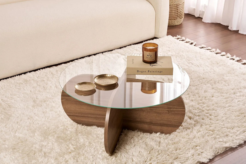 Couchtisch Aeris aus Holz und gehärtetem Glas in Walnuss und Transparent, 75×75×35 cm von Hanah Home – Bild 1
