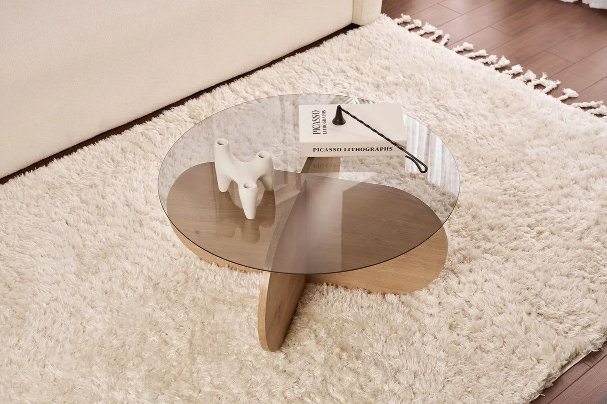 Couchtisch Aeris aus gehärtetem Glas und Holz in Saphir-Eiche und Rauch, 75×75×35 cm von Hanah Home – Bild 3