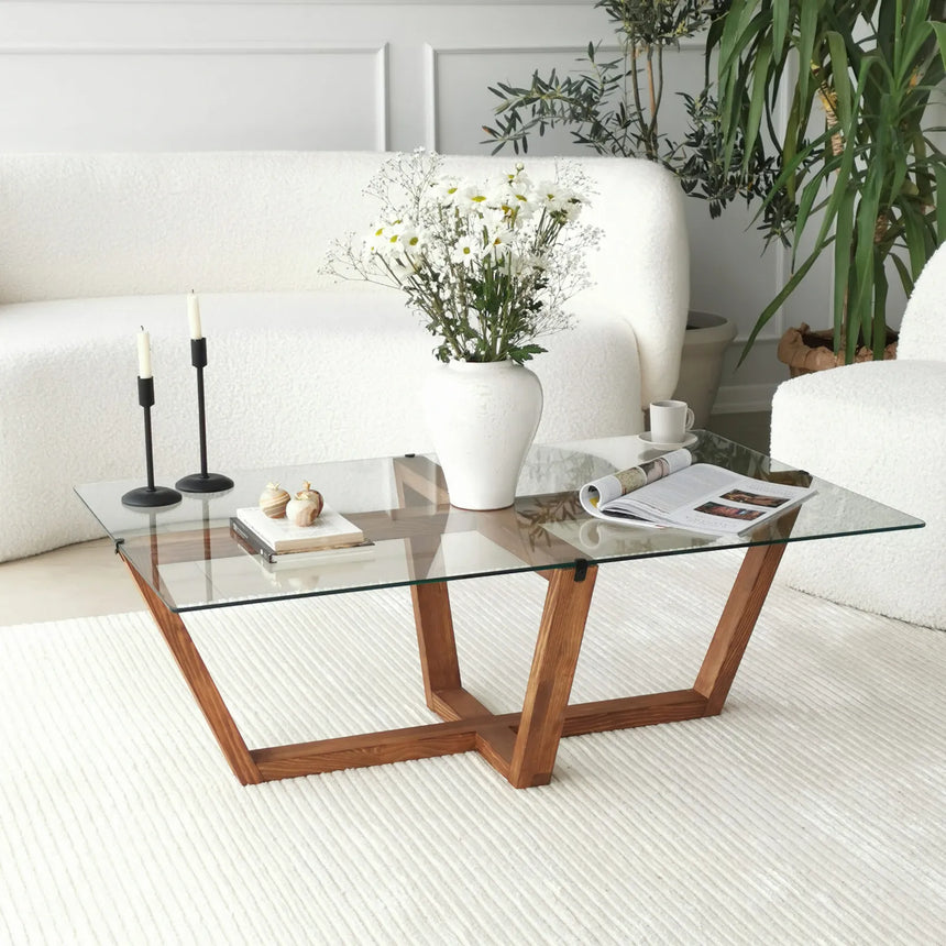 Couchtisch Amalfi aus massiver Kiefer und gehärtetem Glas in Walnuss, 105×65×35 cm von Hanah Home – Bild 1