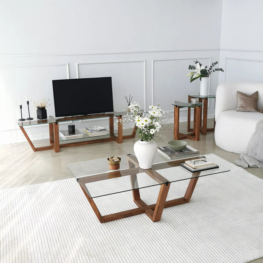 Couchtisch Amalfi aus massiver Kiefer und gehärtetem Glas in Walnuss, 105×65×35 cm von Hanah Home – Bild 6