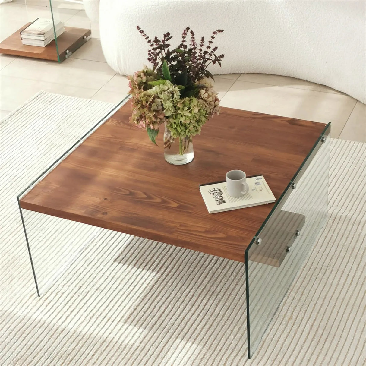 Couchtisch Aqua aus Kiefernholz und gehärtetem Glas, 75×75×40 cm von Hanah Home – Bild 3