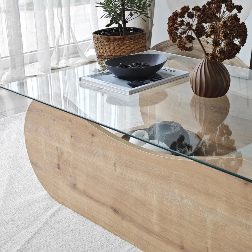Couchtisch Brise aus gehärtetem Glas und Holz in Saphir-Eiche und Transparent, 105×65×35 cm von Hanah Home – Bild 8