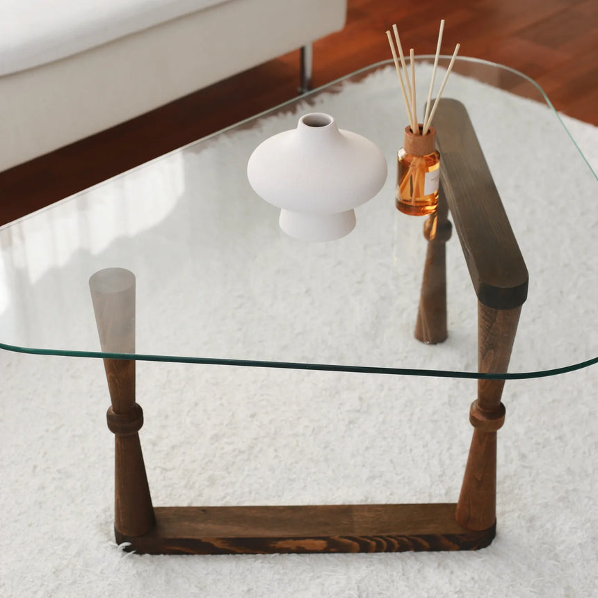 Couchtisch Cam aus gehärtetem Glas und Buche in Walnuss, 96×81×41 cm von Hanah Home – Bild 6