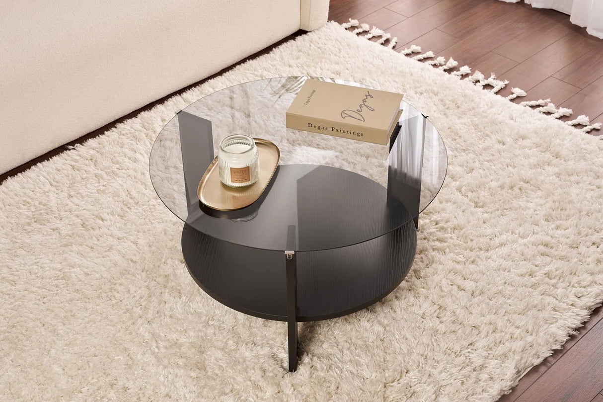 Couchtisch Clara aus gehärtetem Glas und Holz in Holzschwarz und Rauch 75Ø von Hanah Home – Bild 3