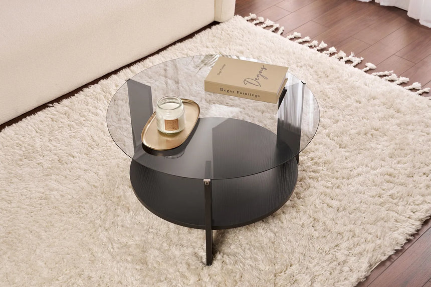 Couchtisch Clara aus gehärtetem Glas und Holz in Holzschwarz und Rauch 75Ø von Hanah Home – Bild 3
