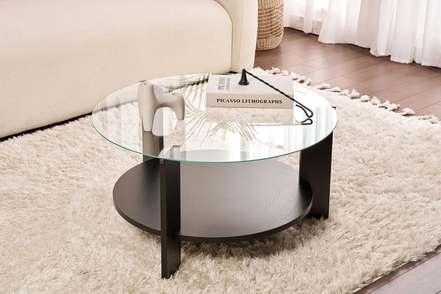 Couchtisch Clara aus gehärtetem Glas und Holz in Holzschwarz und Transparent 75Ø von Hanah Home – Bild 1