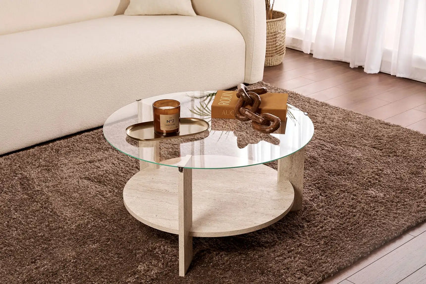 Couchtisch Clara aus gehärtetem Glas und Holz in Travertin und Transparent 75Ø von Hanah Home – Bild 1
