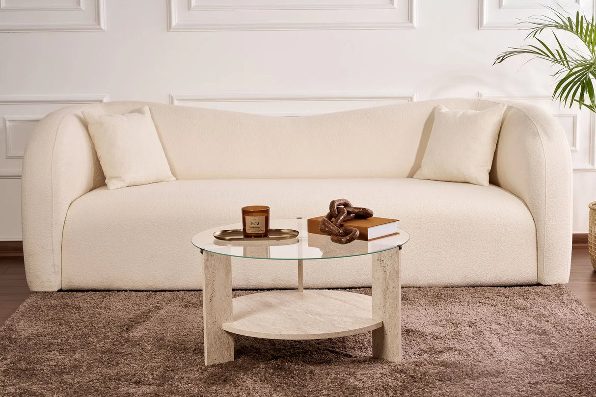 Couchtisch Clara aus gehärtetem Glas und Holz in Travertin und Transparent 75Ø von Hanah Home – Bild 2