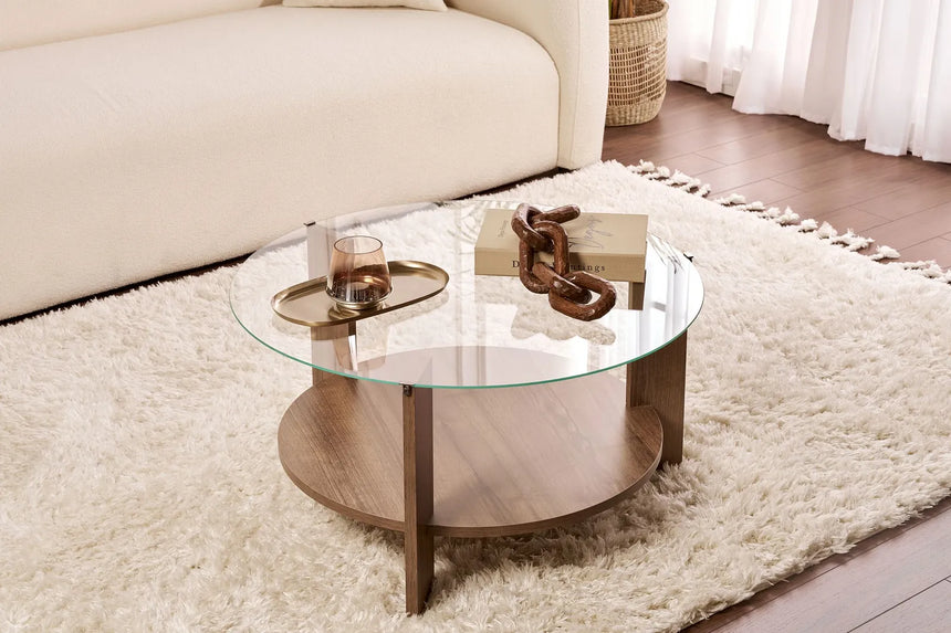 Couchtisch Clara aus gehärtetem Glas und Holz in Walnuss und Transparent 75Ø von Hanah Home – Bild 1