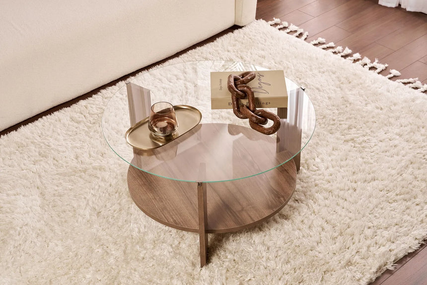 Couchtisch Clara aus gehärtetem Glas und Holz in Walnuss und Transparent 75Ø von Hanah Home – Bild 3