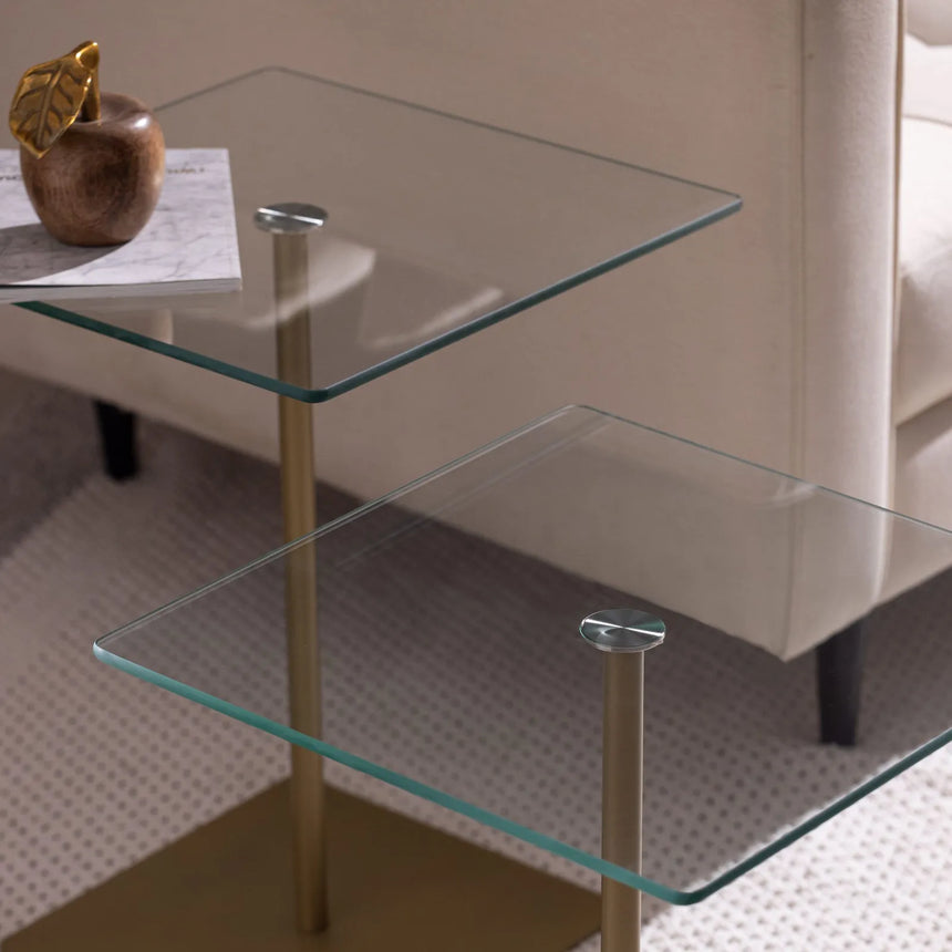 Couchtisch Elegante 2 aus gehärtetem Glas und melaminbeschichteten Holz in Gold und Transparent, 40×40×45 cm von Hanah Home – Bild 2