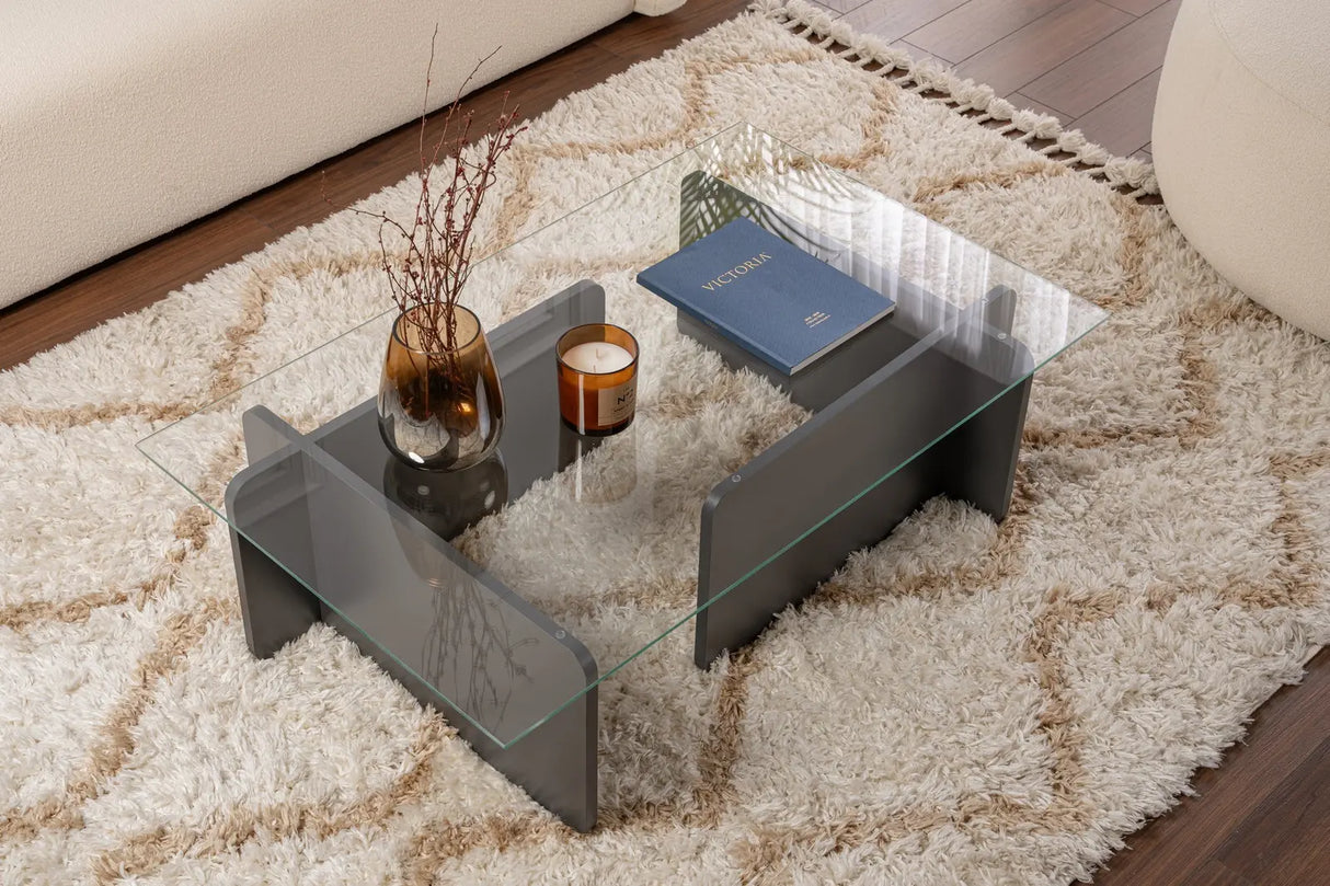 Couchtisch Flavio aus melaminbeschichteten Holz und gehärtetem Glas in Anthrazit, 105×65×30 cm von Hanah Home – Bild 2