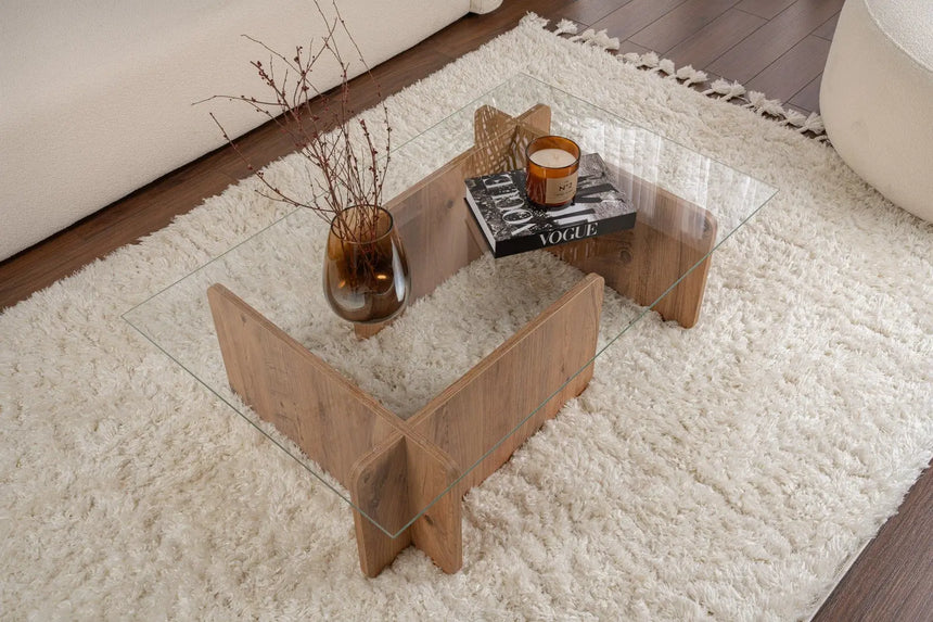 Couchtisch Flavio aus melaminbeschichteten Holz und gehärtetem Glas in Atlantische Kiefer, 105×65×30 cm von Hanah Home – Bild 2