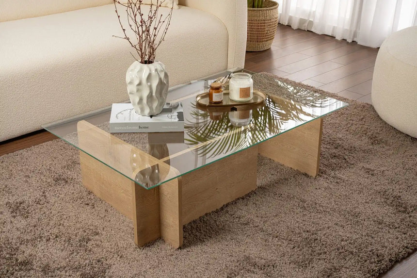 Couchtisch Flavio aus melaminbeschichteten Holz und gehärtetem Glas in Eiche, 105×65×30 cm von Hanah Home – Bild 1